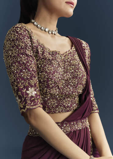 Wine Silk Ready Pleated Saree With Cutdana Work