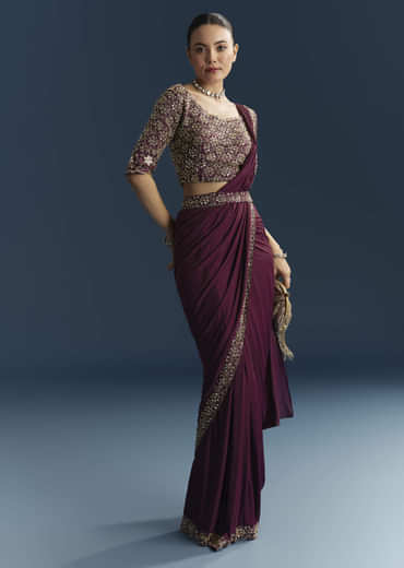Wine Silk Ready Pleated Saree With Cutdana Work