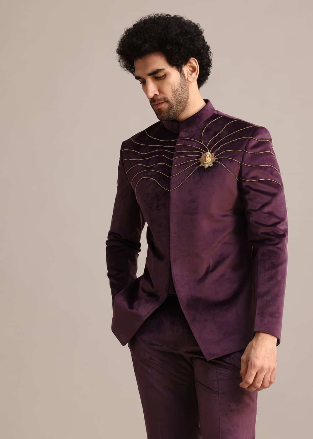 Wine Suede Jodhpuri Set With Patch Work
