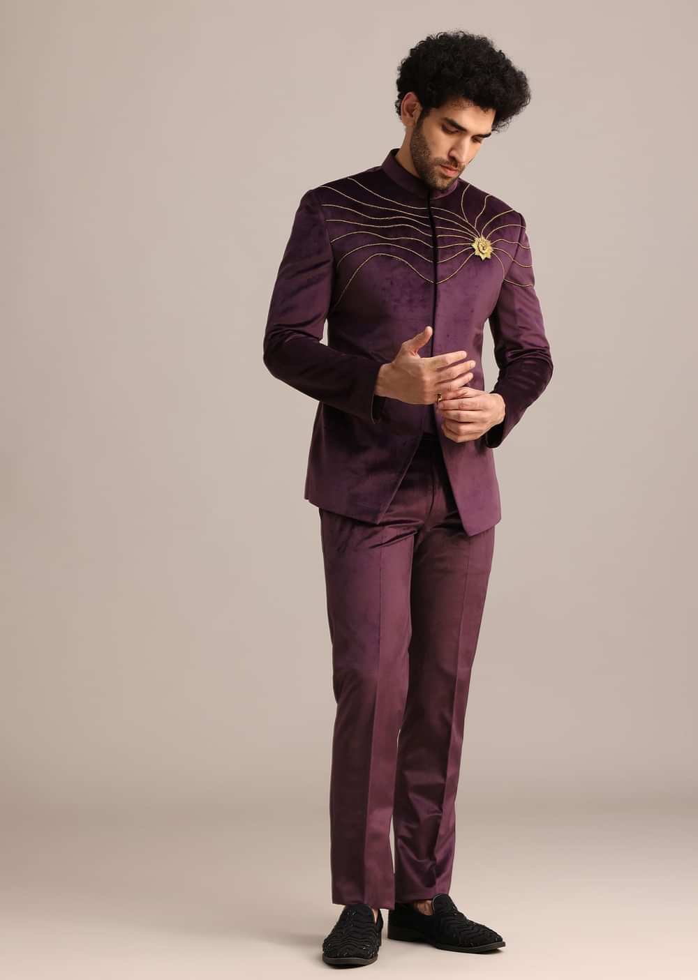 Wine Suede Jodhpuri Set With Patch Work