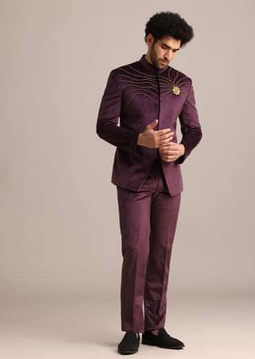 Wine Suede Jodhpuri Set With Patch Work