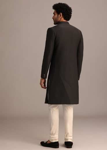 Black Textured Sherwani Set With Mandarin Collar