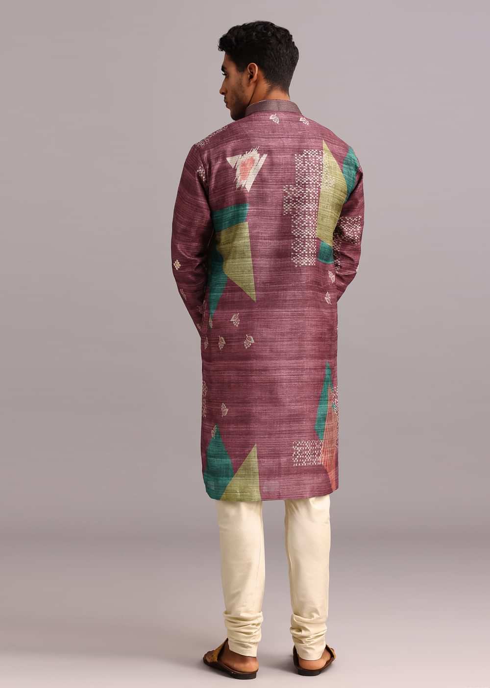 Wine Tussar Silk Printed Kurta Set