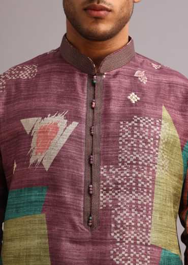 Wine Tussar Silk Printed Kurta Set