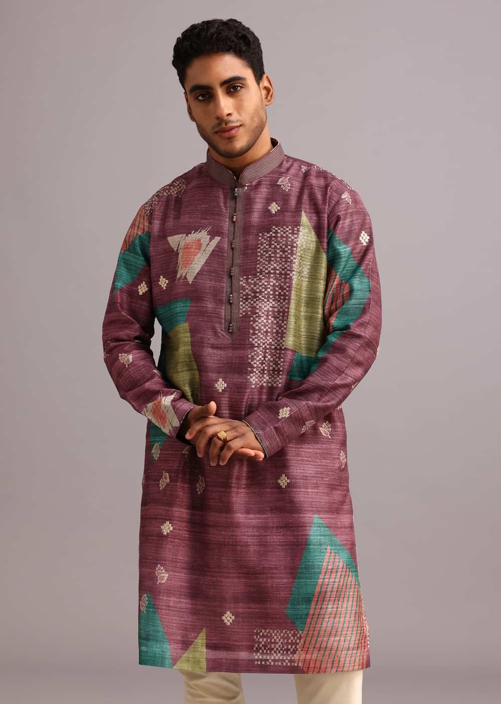 Wine Tussar Silk Printed Kurta Set