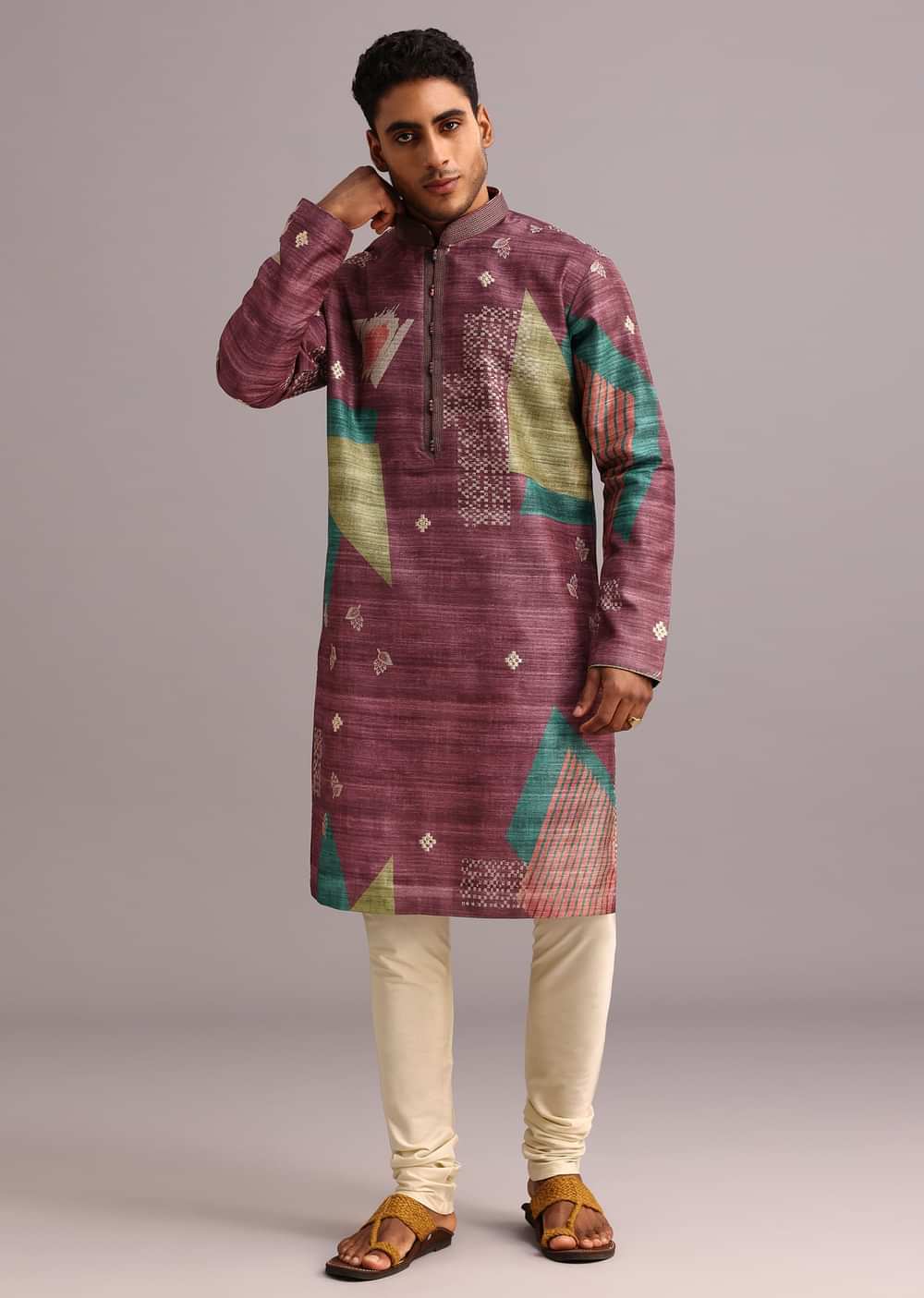 Wine Tussar Silk Printed Kurta Set