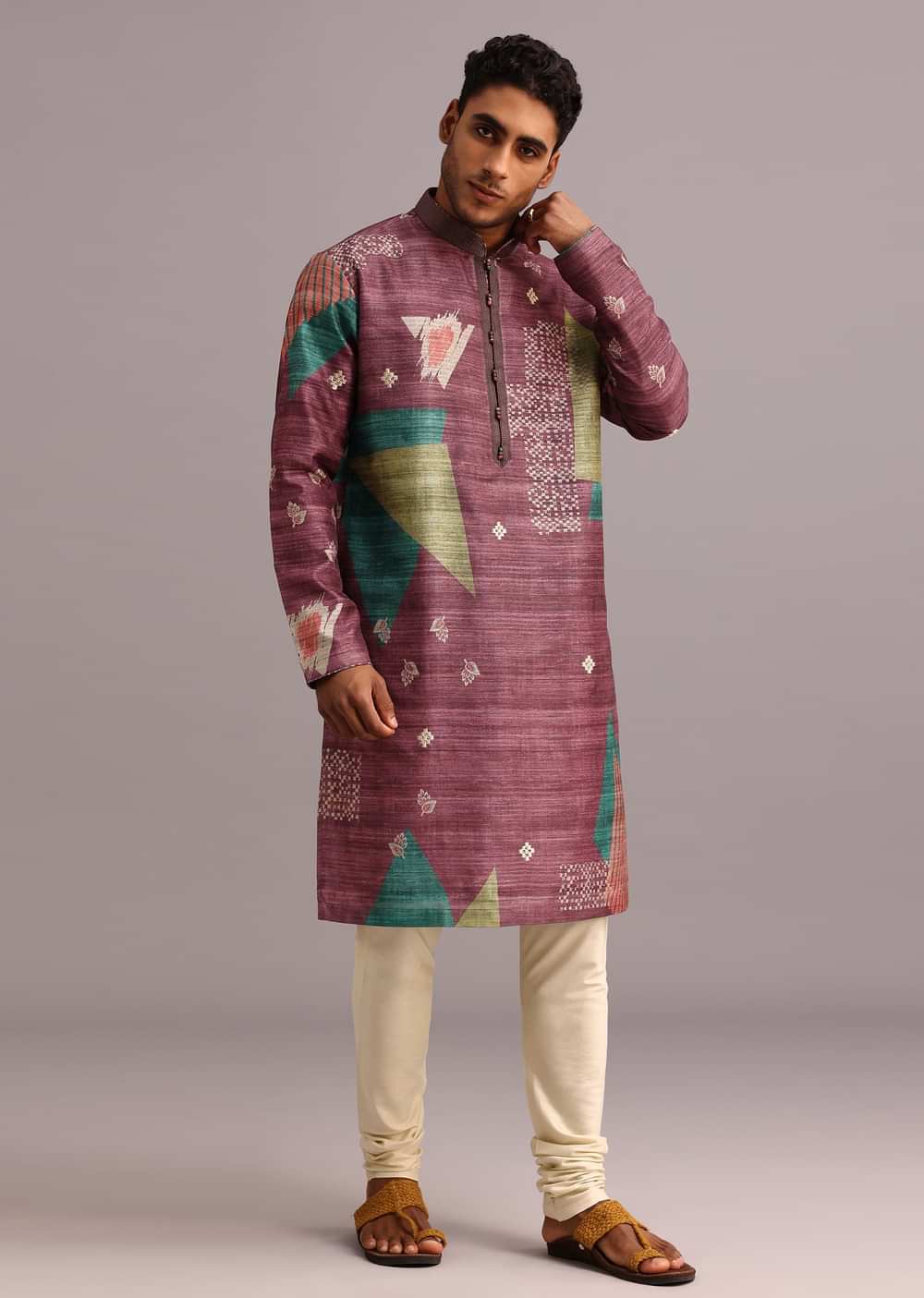 Wine Tussar Silk Printed Kurta Set