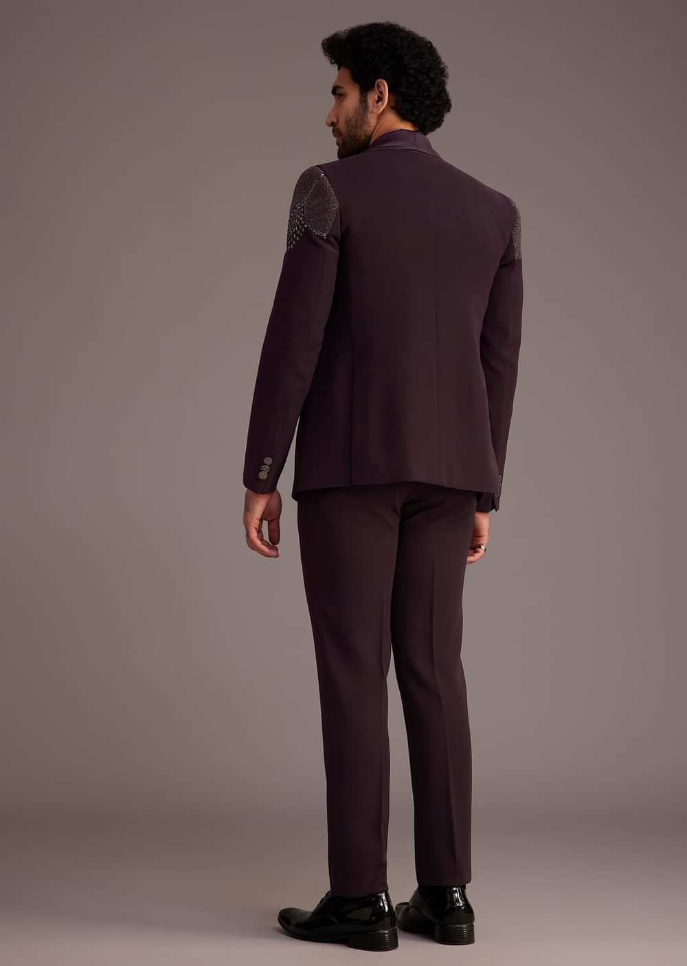 Wine Tuxedo With Beaded Detailing And Satin Peak Lapel