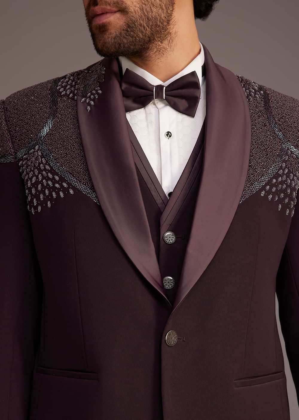 Wine Tuxedo With Beaded Detailing And Satin Peak Lapel