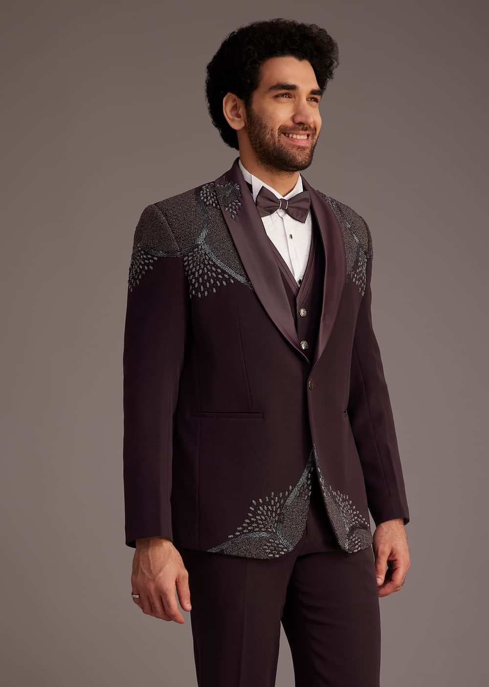 Wine Tuxedo With Beaded Detailing And Satin Peak Lapel
