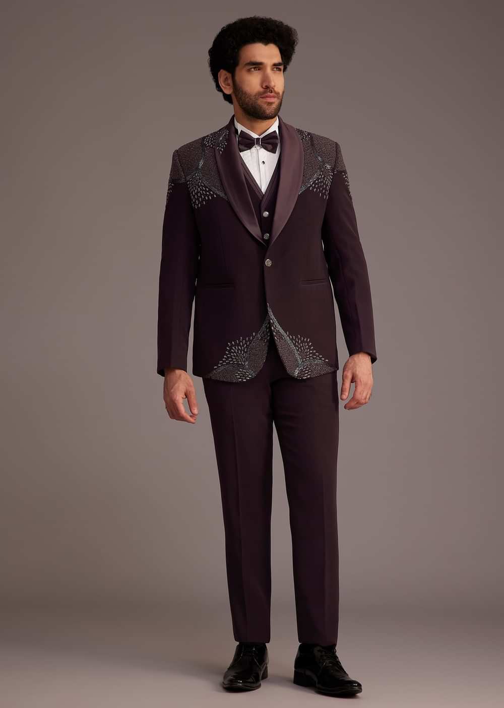 Wine Tuxedo With Beaded Detailing And Satin Peak Lapel