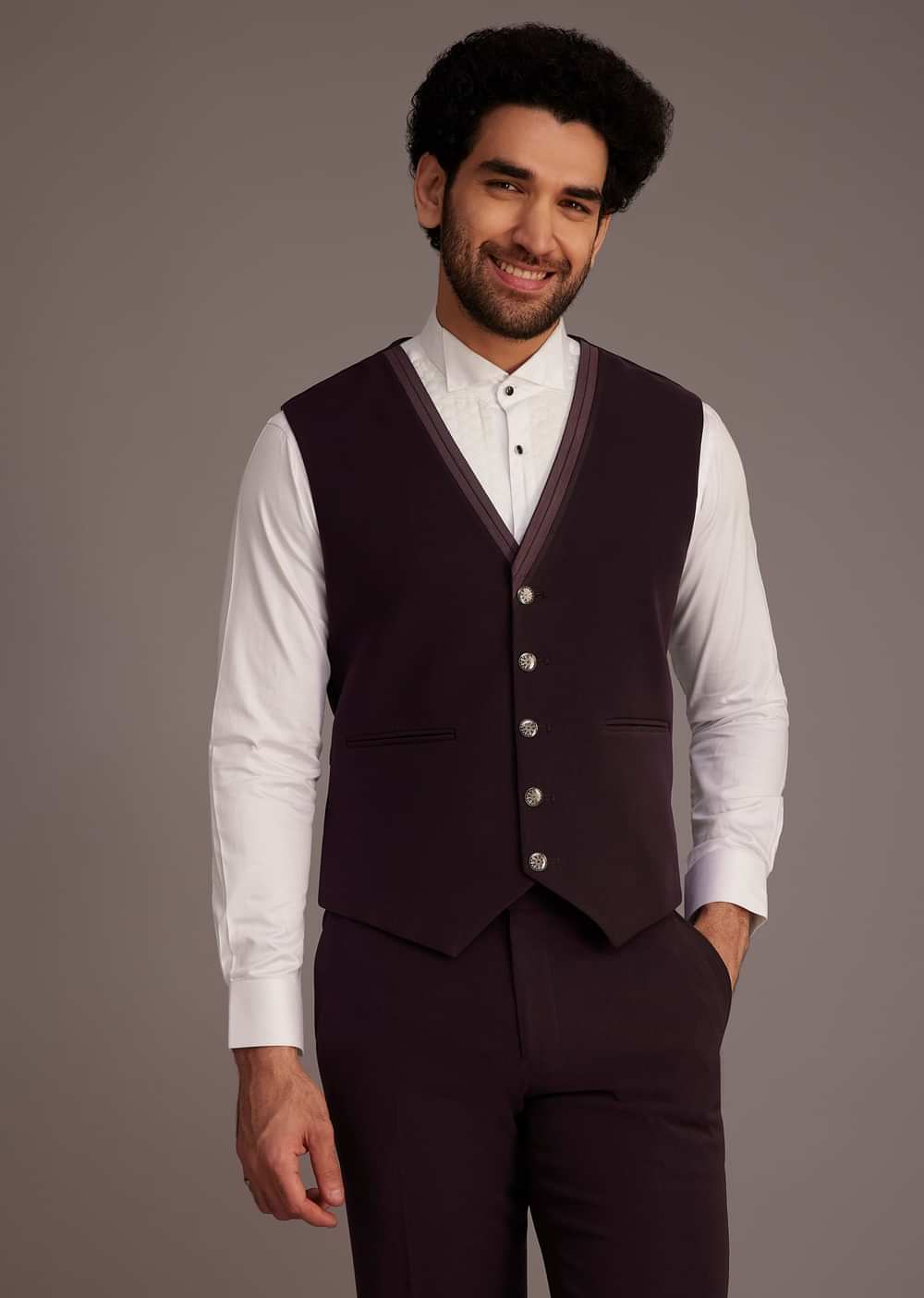 Wine Tuxedo With Beaded Detailing And Satin Peak Lapel