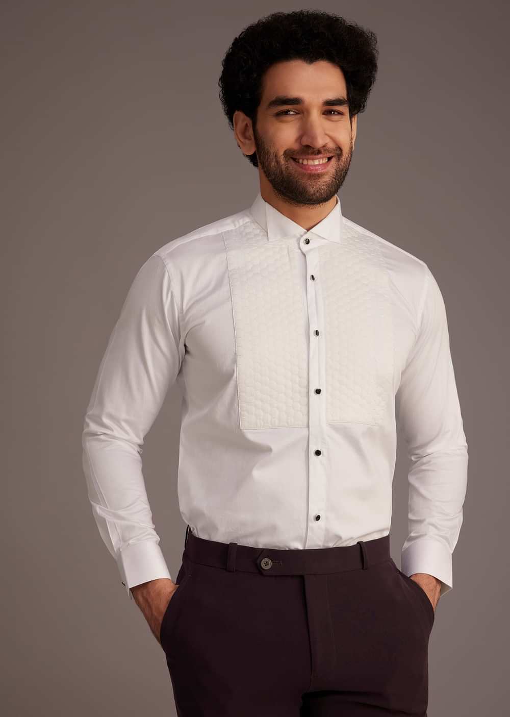 Wine Tuxedo With Beaded Detailing And Satin Peak Lapel