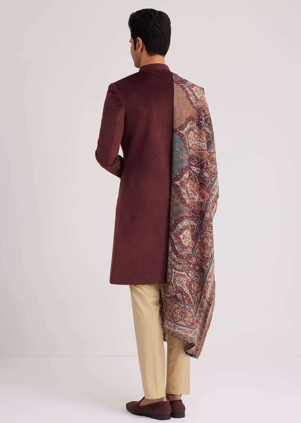Wine Velvet Nawabi Set With Printed Pashmina Dupatta