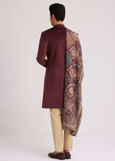 Wine Velvet Nawabi Set With Printed Pashmina Dupatta