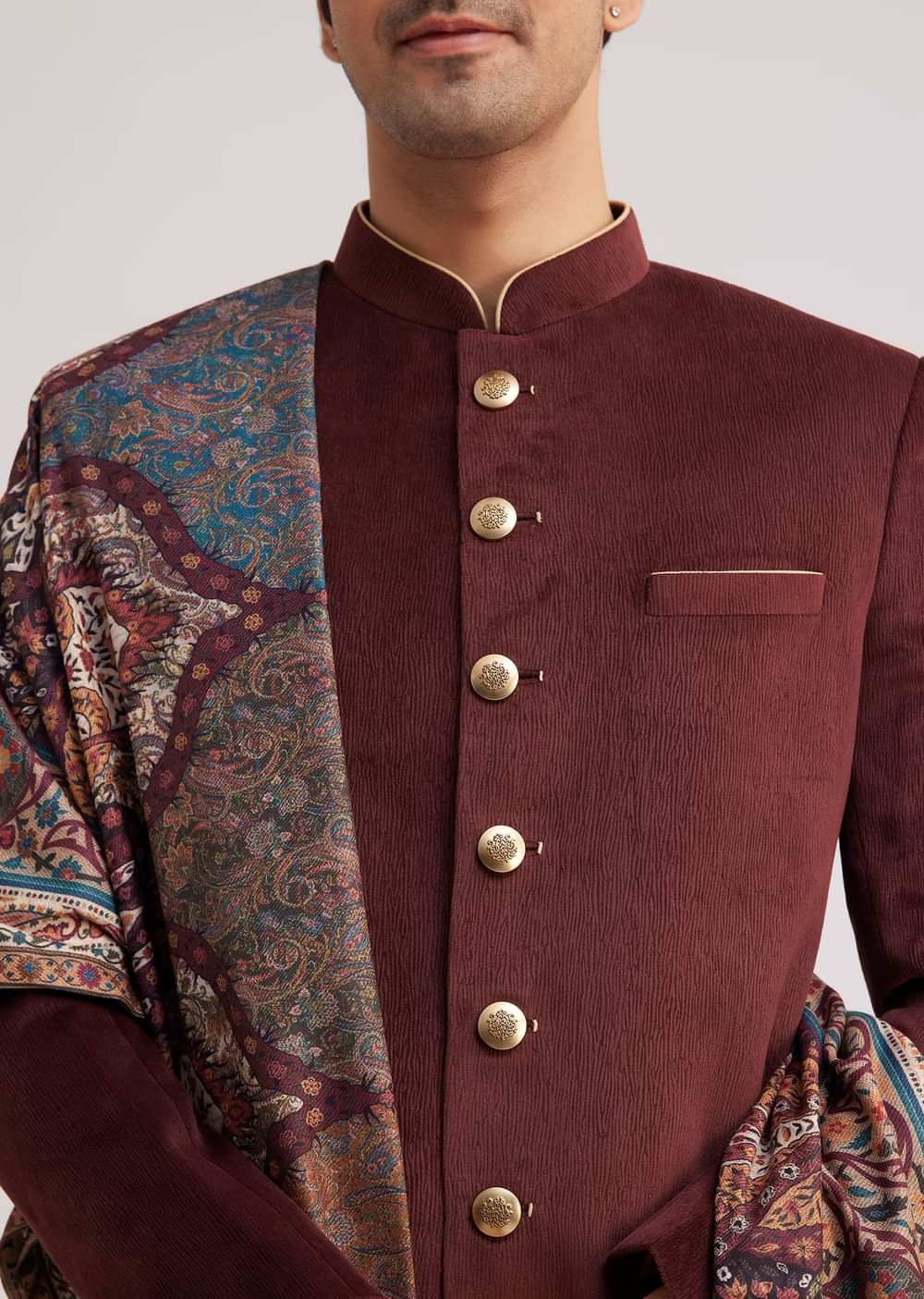 Wine Velvet Nawabi Set With Printed Pashmina Dupatta