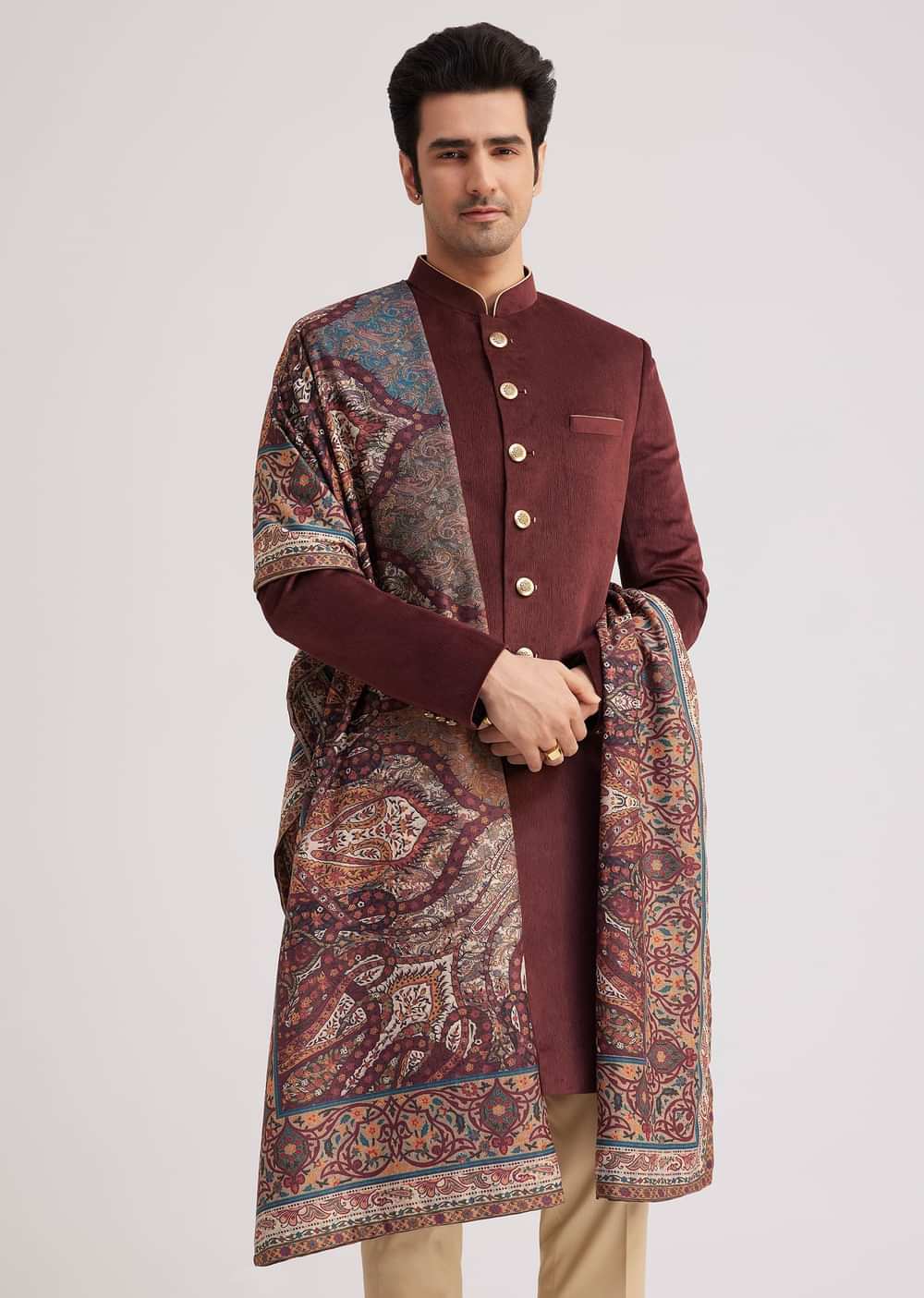 Wine Velvet Nawabi Set With Printed Pashmina Dupatta