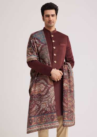 Wine Velvet Nawabi Set With Printed Pashmina Dupatta