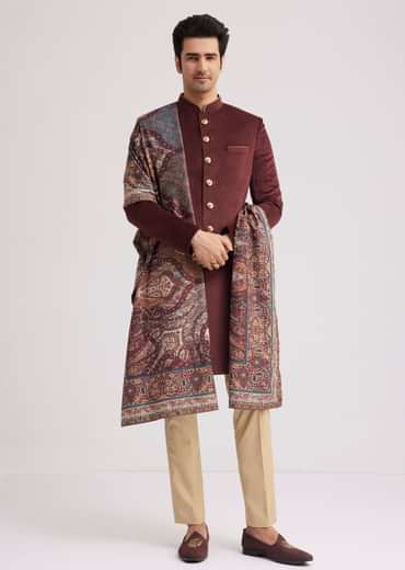 Wine Velvet Nawabi Set With Printed Pashmina Dupatta