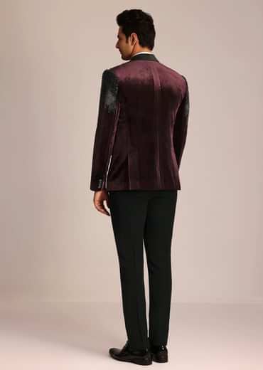 Wine Velvet Suit Set With Zardosi Detailing