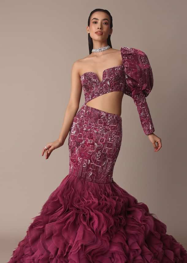 Wine Fish Cut One Shoulder Gown With 3D Organza Frills