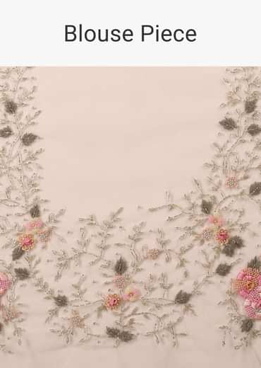 Beige White Saree In Organza Fabric And Floral Embroidery With Cut Dana & Moti