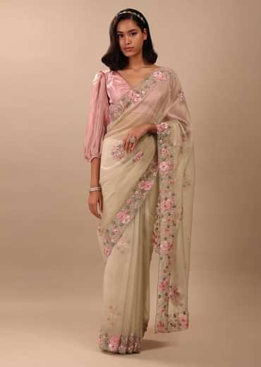 Beige White Saree In Organza Fabric And Floral Embroidery With Cut Dana & Moti