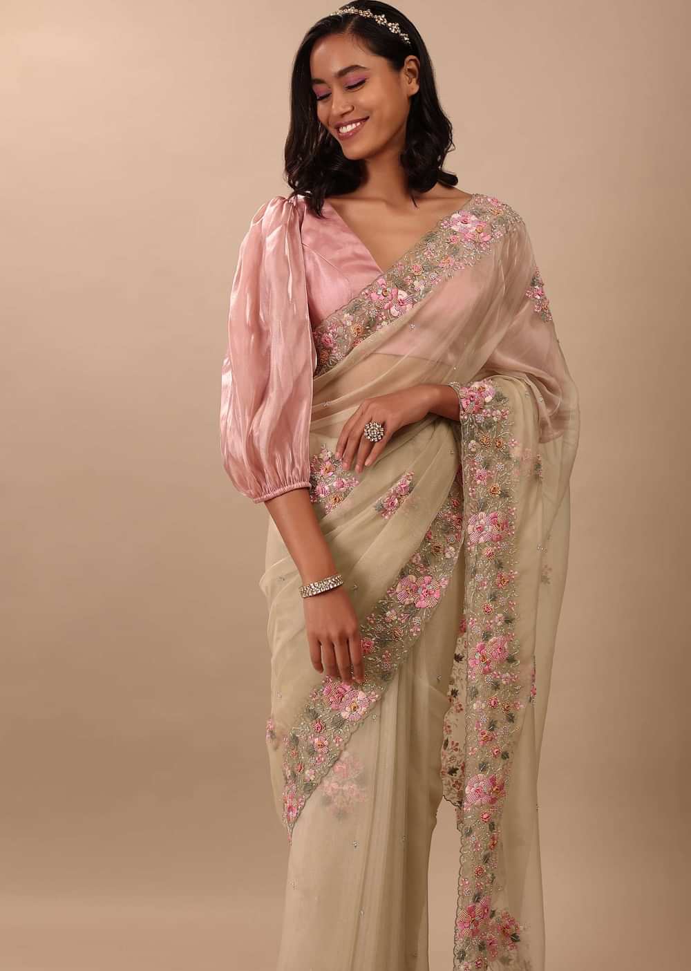 Beige White Saree In Organza Fabric And Floral Embroidery With Cut Dana & Moti