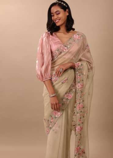 Beige White Saree In Organza Fabric And Floral Embroidery With Cut Dana & Moti