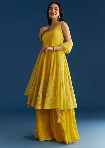 Yellow A Line Georgette Kurta Palazzo Suit
