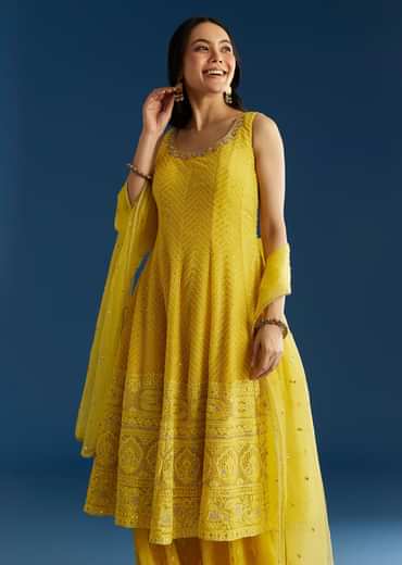 Yellow A Line Georgette Kurta Palazzo Suit