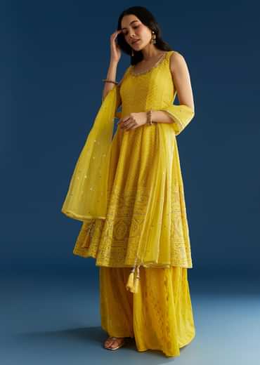 Yellow A Line Georgette Kurta Palazzo Suit