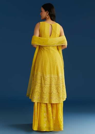 Yellow A Line Georgette Kurta Palazzo Suit