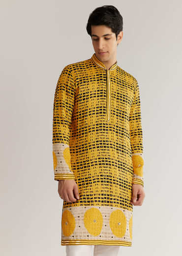 Yellow And Black Silk Resham Printed Kurta Set