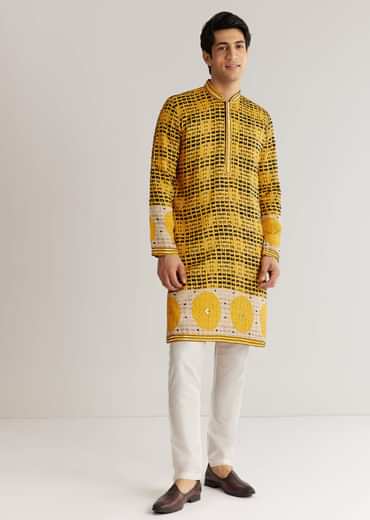 Yellow And Black Silk Resham Printed Kurta Set