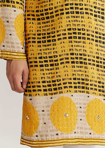 Yellow And Black Silk Resham Printed Kurta Set