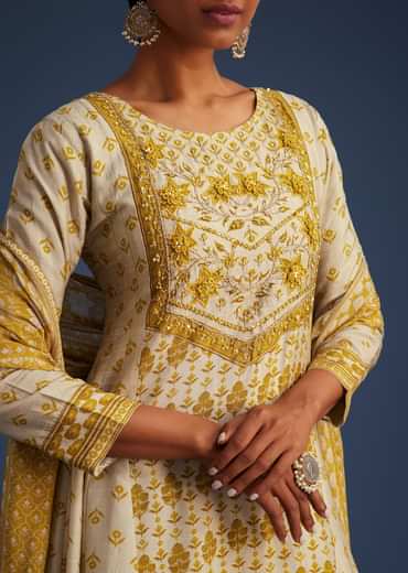 Yellow And Cream Silk Printed Anarkali Set With Chiffon Dupatta
