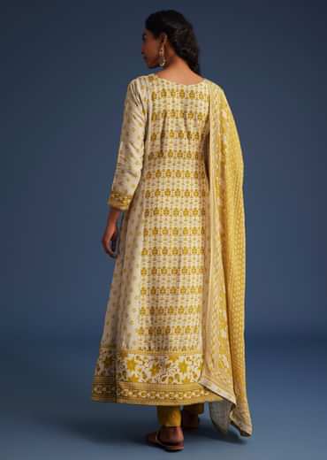Yellow And Cream Silk Printed Anarkali Set With Chiffon Dupatta