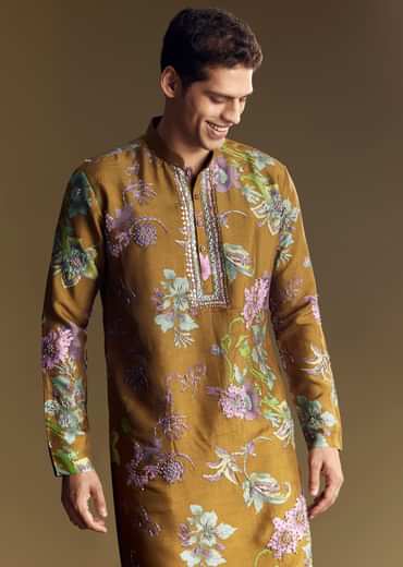 Yellow Art Silk Kurta Set With Mirror And French Knot Embroidery