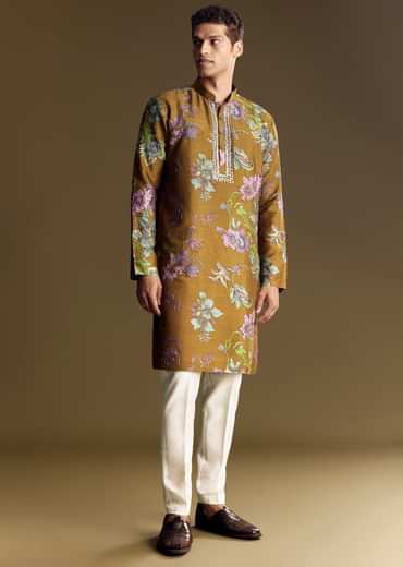 Yellow Art Silk Kurta Set With Mirror And French Knot Embroidery