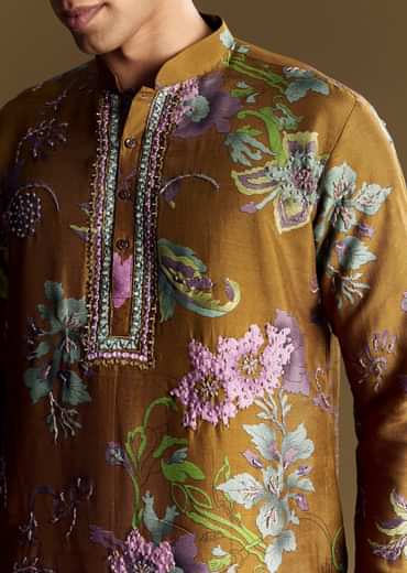 Yellow Art Silk Kurta Set With Mirror And French Knot Embroidery