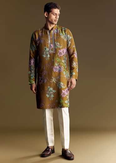Yellow Art Silk Kurta Set With Mirror And French Knot Embroidery