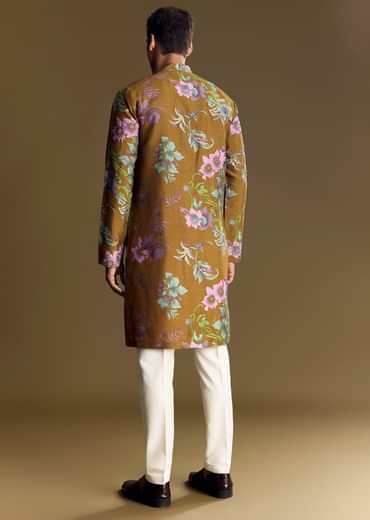 Yellow Art Silk Kurta Set With Mirror And French Knot Embroidery