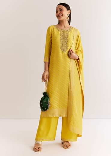 Yellow Banarasi Georgette Kurta Set With Zardosi And Cutdana Work