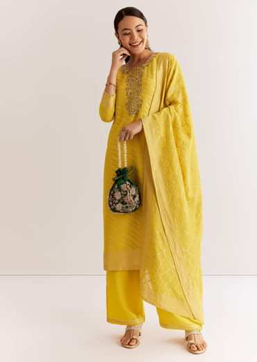 Yellow Banarasi Georgette Kurta Set With Zardosi And Cutdana Work