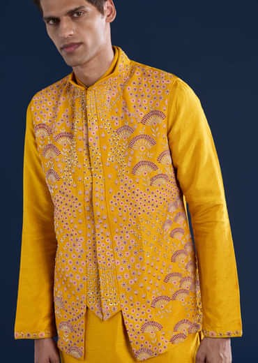 Yellow Banarasi Silk Jacket Kurta Set with Zardozi Work