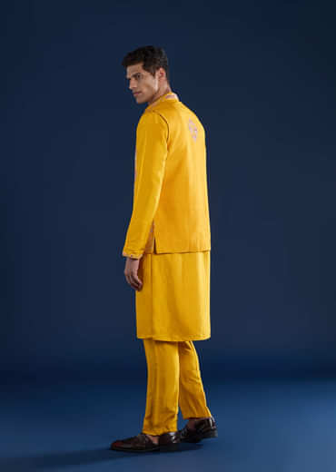 Yellow Banarasi Silk Jacket Kurta Set with Zardozi Work