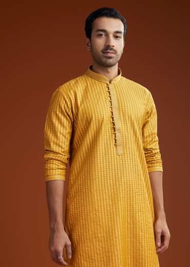 Yellow Banarasi Silk Kurta Pant Set