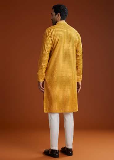 Yellow Banarasi Silk Kurta Pant Set