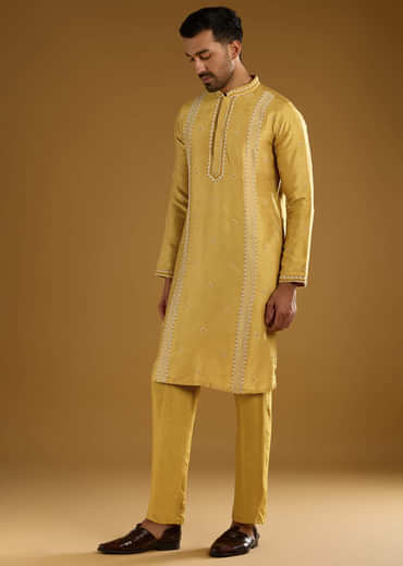 Yellow Banarasi Silk Kurta Set For Men With Resham Work